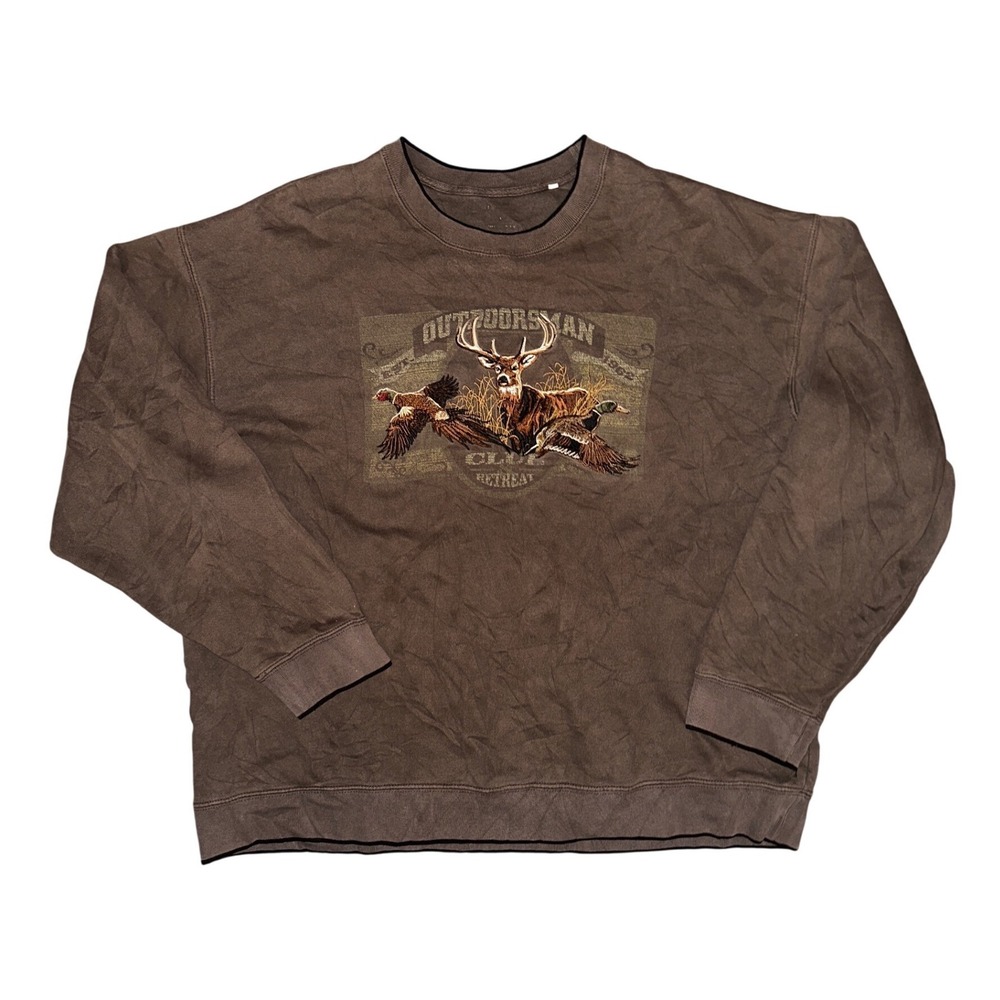 Vintage Outdoorsman Club Retreat Graphic Sweatshirt Brown Deer Pheasant Duck XL